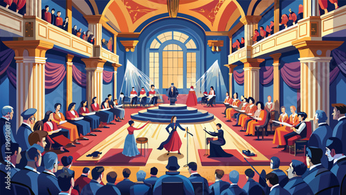 Grand ballroom concert elegant orchestra and soloists on stage, lavish theater interior, classical performance scene