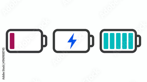 Three minimalist battery icons showing low capacity red bar, charging lightning bolt and full charge status on white background, representing power indicators, symbolizing energy levels