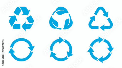 Set of blue recycling and circular arrow icons with leaf elements on white background, symbolizing sustainable waste management and illustrating circular economy branding concepts