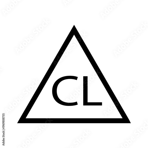 Chlorine bleaching. Triangle with the letters CL inside. The fabric is resistant to chlorine bleach. Information on the garment label. Warning sign. Marking.