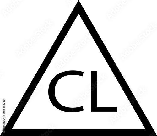 Chlorine bleaching. Triangle with the letters CL inside. The fabric is resistant to chlorine bleach. Information on the garment label. Warning sign. Marking.