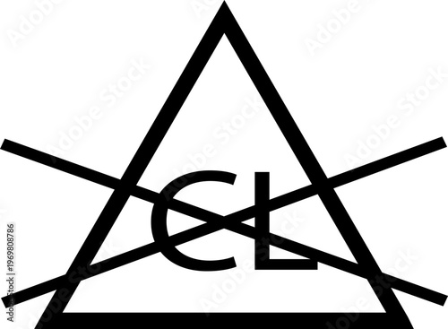 Chlorine free bleaching. A crossed-out triangle with the letters CL inside. The fabric is not resistant to chlorine bleach. Information on the garment label. Warning symbol. Labeling.