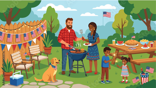Happy Family Backyard Barbecue Vector, 4th of July Celebration with Golden Retriever Dog, Grilling, Sparklers and Patriotic Decorations for Summer Cookout