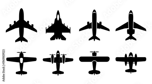 A collection of diverse aircraft silhouettes, including modern jets, fighter planes, and vintage propeller aircraft, all viewed from an overhead perspective.