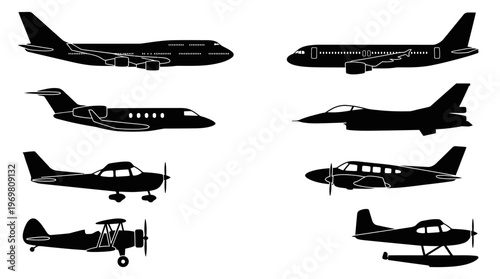 A collection of black silhouettes depicting various types of aircraft, including commercial airliners, private jets, propeller planes, and a fighter jet, against a white background.