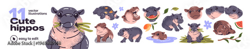 Cute hippos set. Kawaii babies of hippopotamus eat, sleep, walk, have a rest and swim in pond. Happy characters of funny African animals. Flat isolated vector illustrations on white background