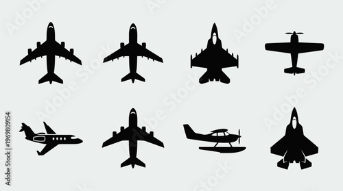 Eight distinct black silhouettes of various aircraft types, including commercial, private, military, and propeller planes, arranged on a light gray background.