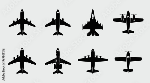 A collection of eight black silhouettes of various aircraft types, including passenger jets, a fighter plane, and propeller aircraft, viewed from above.