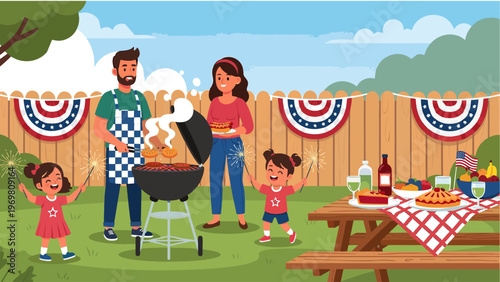 Happy Family Backyard Barbecue Vector, 4th of July Celebration with Grilling, Sparklers and Picnic Table, Patriotic Summer Outdoor Cookout Illustration
