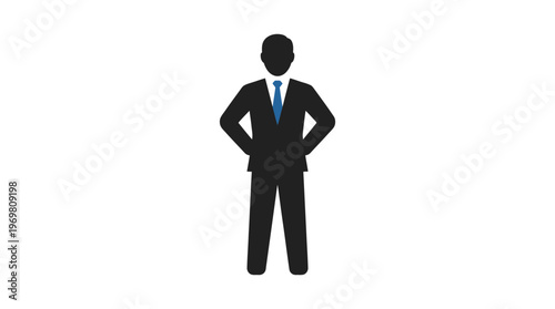 Professional businessman silhouette in a suit and tie standing with hands on hips.