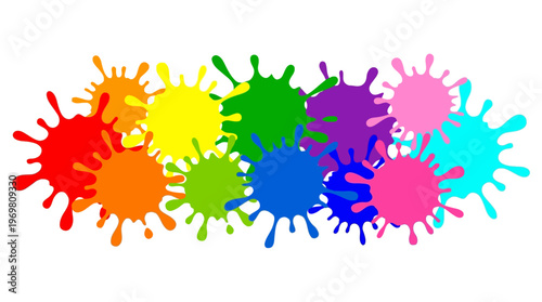 A vibrant collection of colorful paint splatters and ink blots arranged horizontally on a white background, showcasing a spectrum of bright hues.