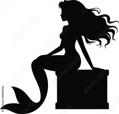 Silhouette of a woman with long hair sitting on a box as a mermaid