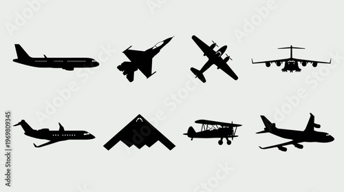 Silhouettes of various aircraft types including commercial jets, military fighters, bombers, cargo planes, private jets, biplanes, and stealth aircraft.