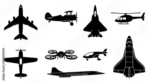 Collection of black silhouette icons depicting various types of flying vehicles including airplanes, helicopters, drones, and a space shuttle.