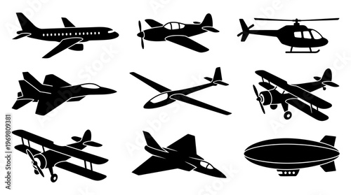 Collection of black silhouettes depicting various aircraft types including airplanes, helicopters, gliders, biplanes, and a blimp.