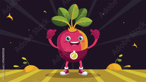 A joyous, anthropomorphic beet with rosy cheeks and bright green leaves, wearing a golden crown and purple gloves, strikes a celebratory pose with arms raised in a spotlight, promoting healthy eating