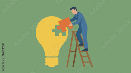 A man on a ladder placing the final puzzle piece into a large yellow lightbulb, symbolizing problem-solving and innovation.