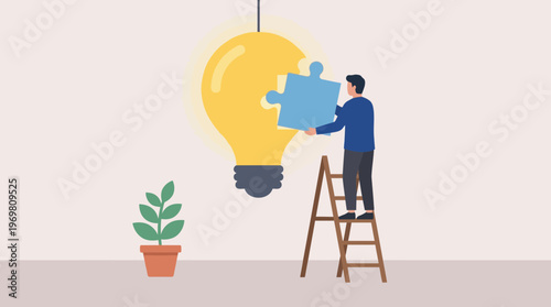 A man on a ladder completing a large glowing light bulb with a puzzle piece, symbolizing innovation and problem-solving.