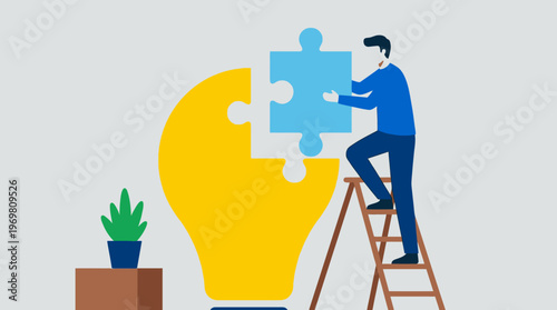 A man on a ladder placing a puzzle piece into a large lightbulb, symbolizing problem-solving, innovation, and idea completion.