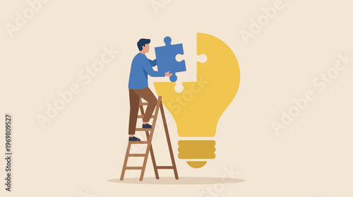 A person on a ladder completing a large lightbulb puzzle, symbolizing the process of developing an idea, problem-solving, innovation, and finding creative solutions.