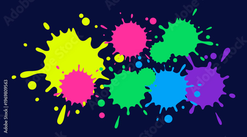 Vibrant neon paint splatters and ink blots on a dark background, creating a dynamic and colorful abstract design.