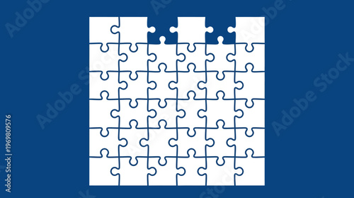 An incomplete white jigsaw puzzle grid with several missing pieces from the top row on a solid blue background, symbolizing problem-solving or a work in progress.