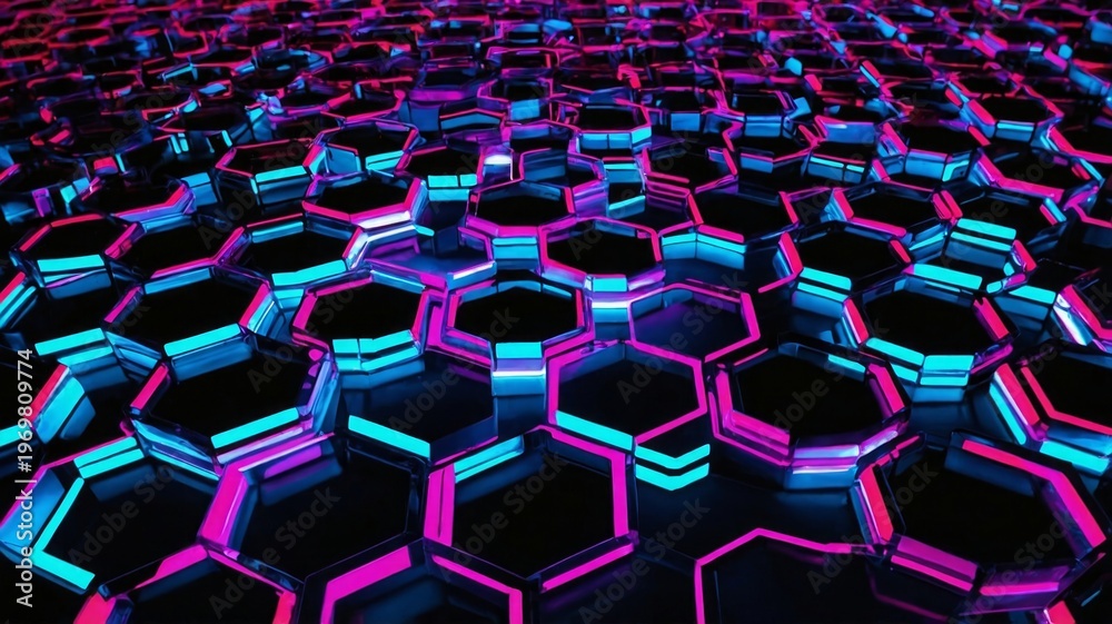 Fototapeta premium Glowing hexagonal pattern with magenta and cyan illumination abstract geometric