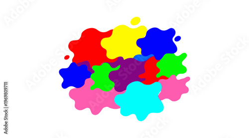 A vibrant cluster of overlapping, irregular, multi-colored paint splatters or abstract shapes arranged on a clean white background.