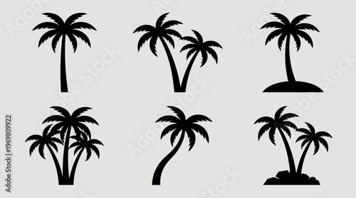 Six black silhouette illustrations of various palm trees, some single, some in groups, and some on small islands, against a light background.
