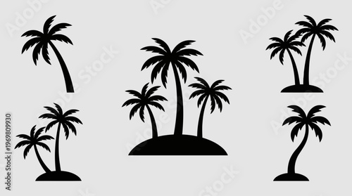 Collection of black silhouette palm tree icons and illustrations on a light gray background, depicting tropical island and beach elements for design.