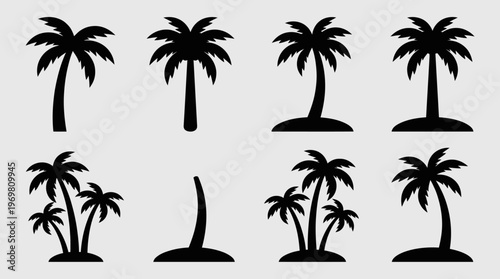 Collection of various black silhouette palm tree icons and symbols, representing tropical islands and summer vacations.