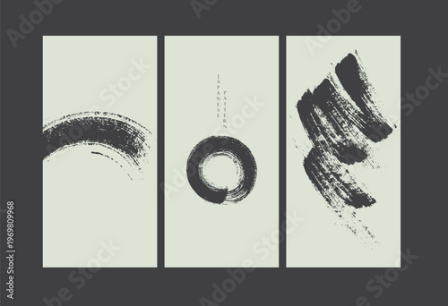 vector illustration of bamboo leaves branch, abstract mountain, cloud and enso circle background with Chinese painting in traditional style.