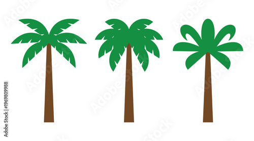 Three simple vector illustrations of palm trees with green fronds and brown trunks.