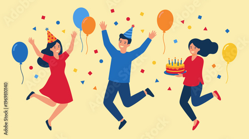 Three joyful people celebrating a birthday party with balloons, confetti, and a cake, all jumping happily in a festive illustration.