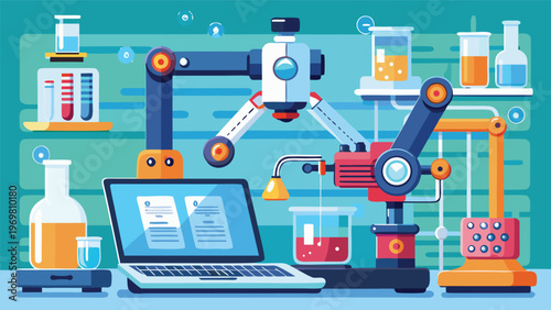 Futuristic lab workspace with robotic arm and laptop colorful flat-style science and technology illustration