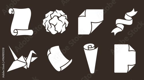 Collection of white paper icons showing various forms like scrolls, crumpled sheets, folded corners, ribbons, and an origami crane on a dark background.
