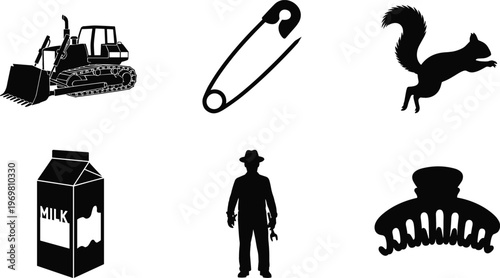 Black silhouette icon collection featuring bulldozer, safety pin, squirrel, milk carton, man figure, and hair claw clip vector illustration