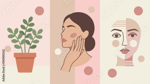 Three panels depicting a potted plant, a woman touching her face, and a split face showing youth and aging, all in soft pastel colors.