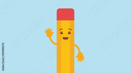 A happy cartoon pencil character with a red eraser waves its hand on a light blue background, representing education and creativity.
