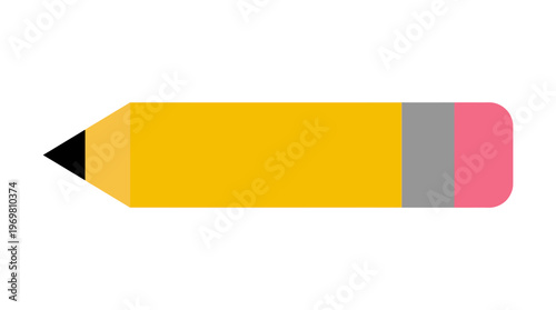A simple, flat graphic illustration of a yellow pencil with a black sharpened tip, a grey ferrule, and a pink eraser, presented horizontally on a white background.