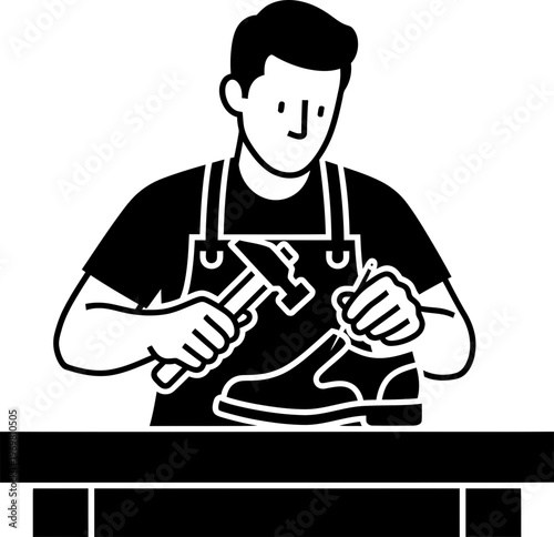 Male shoemaker repairing a shoe with a hammer. Shoemaker at work. Cobbler working. Craft profession concept. Outline vector illustration