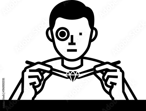 Man jeweler with monocle examining diamond gem with tweezers on white background. Gemologist, jewelry expert craft, quality concept. Vector illustration