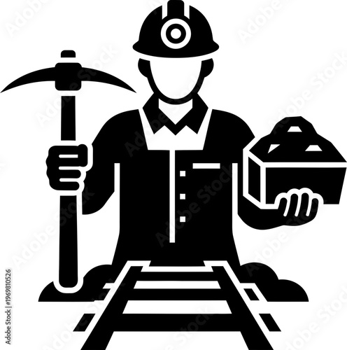 Miner man with pickaxe and coal on railway track icon. Mining industry, profession, labor day concept. Vector symbol glyph illustration