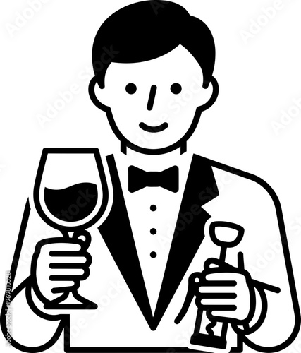 Man dressed in a tuxedo holding a wine glass and a corkscrew, representing sommelier or waiter. Simple flat vector illustration