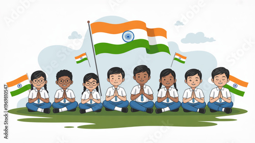 Diverse children in white shirts and blue pants sitting cross legged with hands together in prayer indian flags waving behind them on green grass with cloudy sky