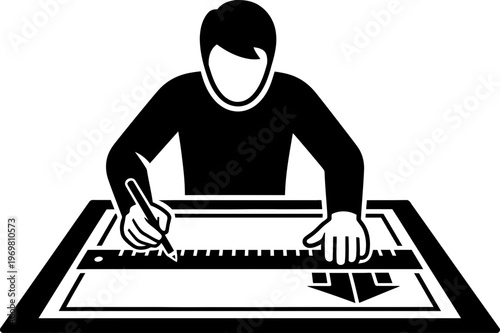 Man architect designer drafter engineering drawing plan. Person working at desk with ruler. Drafting work and professional concept. Vector illustration