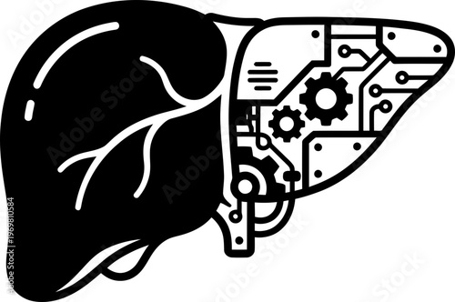Human liver organ combined with circuit board and gears. Artificial intelligence in healthcare. AI in medicine concept. Vector icon design