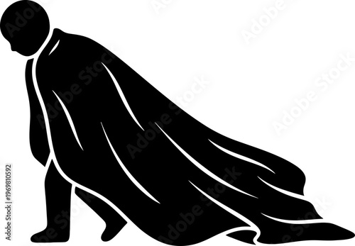 Little kid in a hero costume kneeling and covering himself with a long cape. Superhero concept for banner decoration, vector illustration