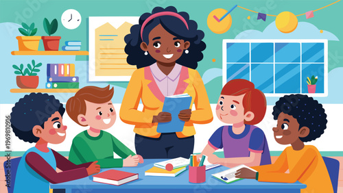 A diverse group of young students attentively listens as their smiling teacher reads from an open book in a bright, colorful classroom adorned with a globe and inspirational charts