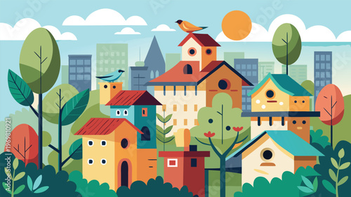A charming cityscape filled with colorful, whimsical birdhouses, each occupied by a different bird, set against a backdrop of green trees, blue skies, and distant buildings